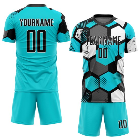 Sublimation Uniform Custom Soccer Aqua Black-White Jersey